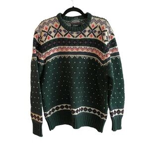 Beaver CANOE Men’s Hand Frame Knit Shetland Wool Crew Neck Sweater Green Cream L